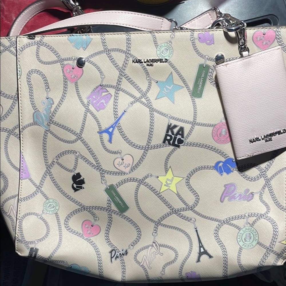 Karl Lagerfeld Cream and Pink Shoulder Bag with Artistic Design